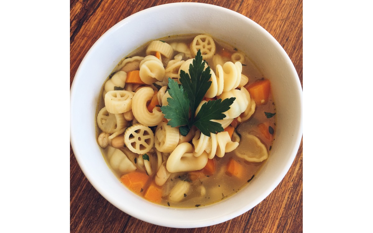 Vegan “chicken” noodle soup